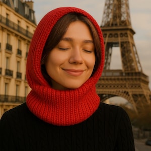 Handmade Red Knit Balaclava – Soft & Warm Hooded Snood – Cozy Winter Head Cover – Ribbed Knit Fashion Scarf –  Stylish Winter Accessory