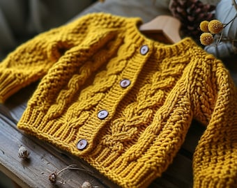 Cozy Kid's Cardigan, Chunky Mustard Knit Sweater, Handmade Wool Cardigan, Cozy Cable Knit Children's Wear, Unique Winter Apparel