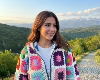 Handmade Crochet Granny Square Hooded Jacket, Boho Hippie Knitwear