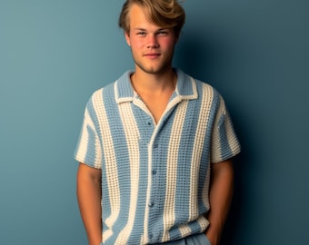 May include: A person wearing a blue and white striped short-sleeved shirt with a collared neckline. The shirt has a knitted texture and is buttoned up.