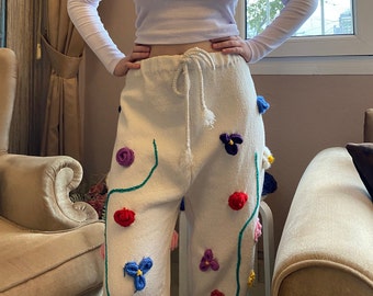 Floral Embroidered Sweatpants, Cozy Handcrafted Women's Lounge Pants, Custom Hand-Embroidered Trousers, Unique Comfort Wear