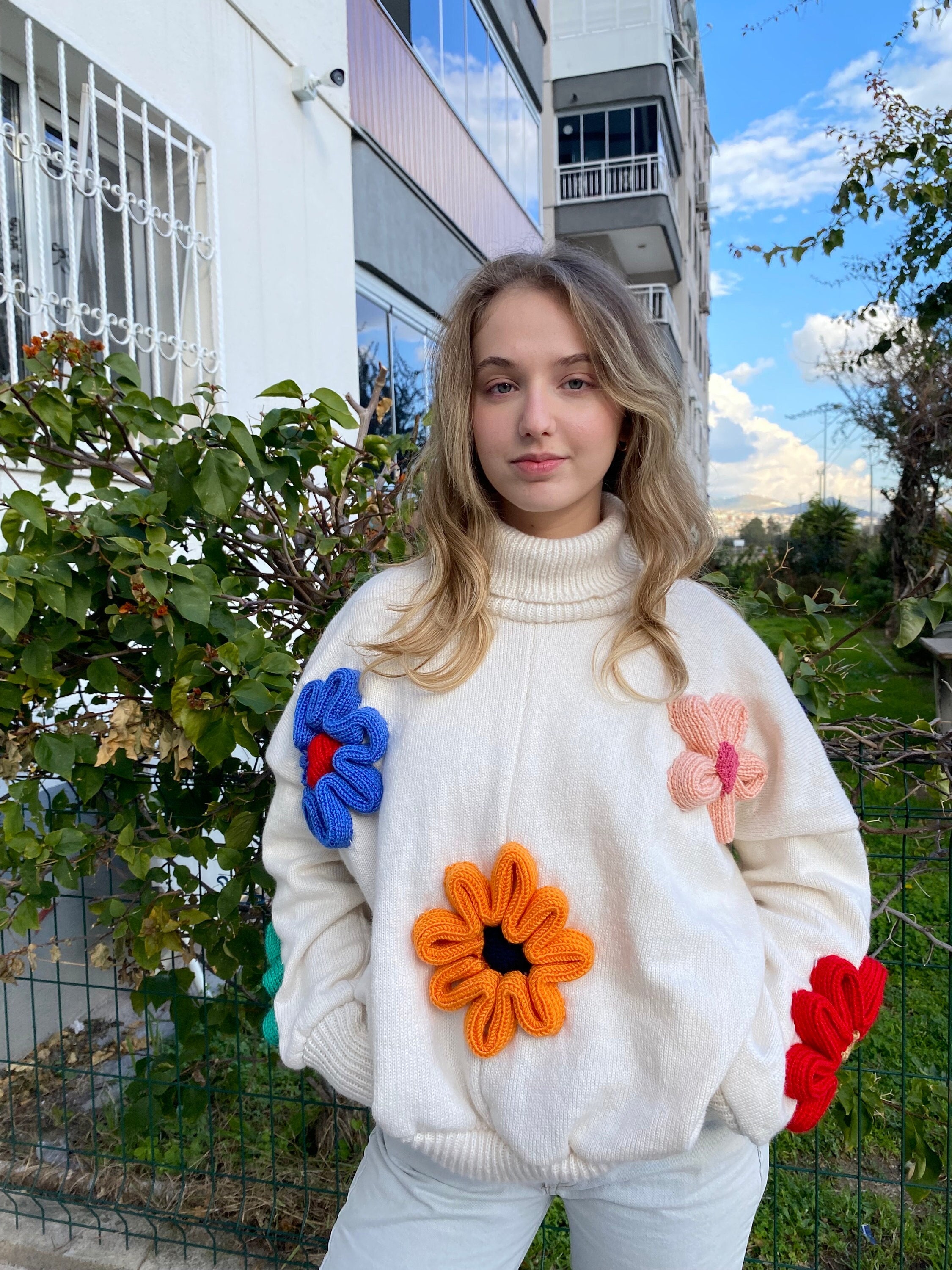 Floral Accent Knit Sweater, Women's Handcrafted White Jumper Floral Accent Knit Sweater, Women's Handcrafted White Jumper