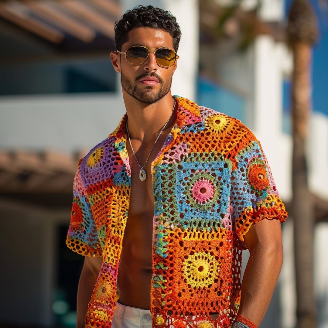 Handmade Crochet Men's Shirt, Multicolor Patchwork Top, Boho