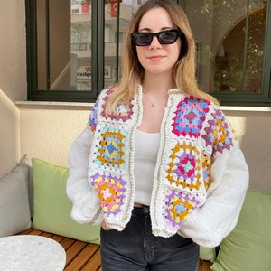 Granny Square Cardigan, Colorful Fall Cardigan, Patchwork Cardigan, Handmade Knitted Jacket, Crochet Cardigan, Cozy Cardigan, Christmas image 3