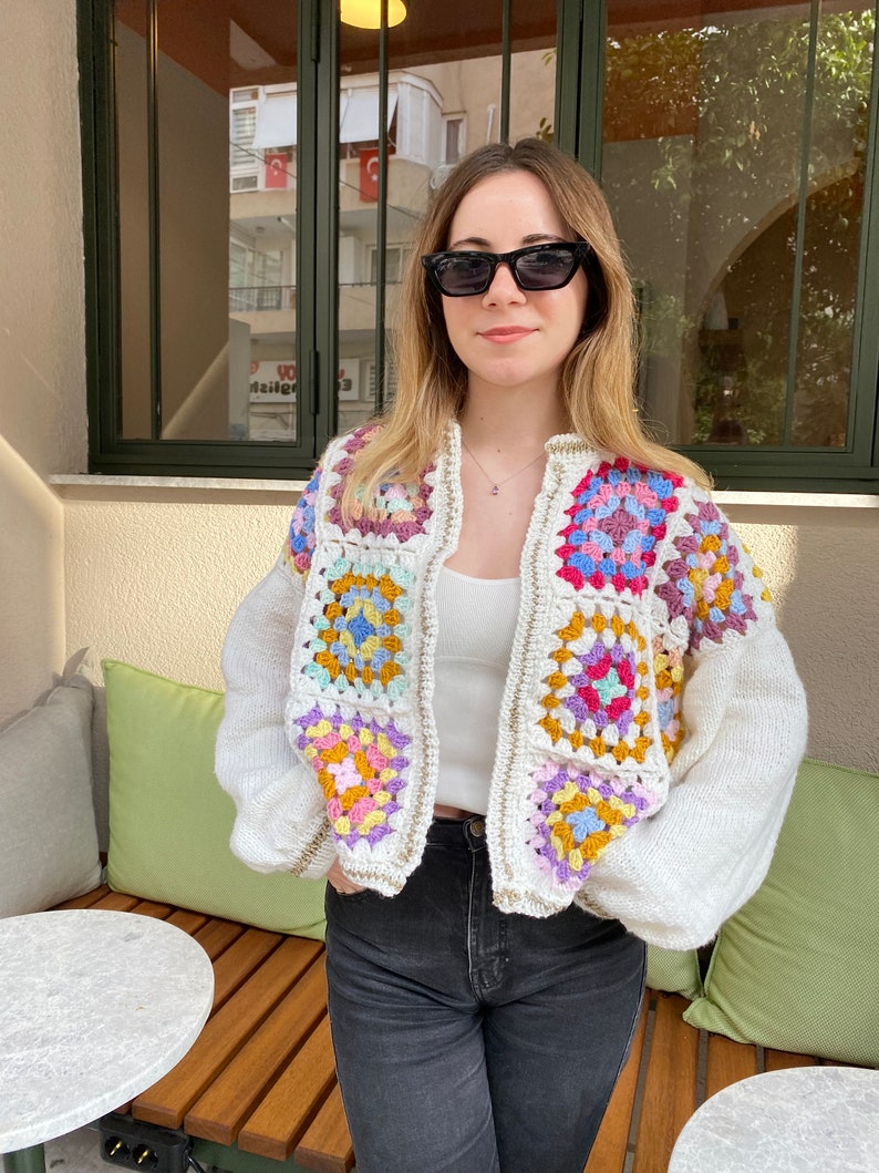 Granny Square Cardigan, Colorful Fall Cardigan, Patchwork Cardigan, Handmade Knitted Jacket, Crochet Cardigan, Cozy Cardigan, Christmas image 3