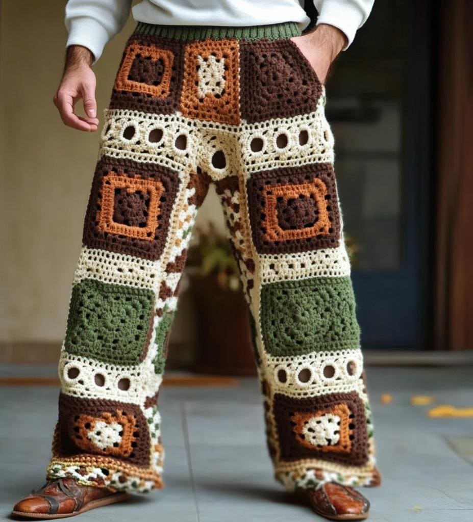 Handmade Crochet Wide-Leg Pants for Men – Retro Boho Trousers in Earthy Tones, Perfect for Festivals & Casual Wear