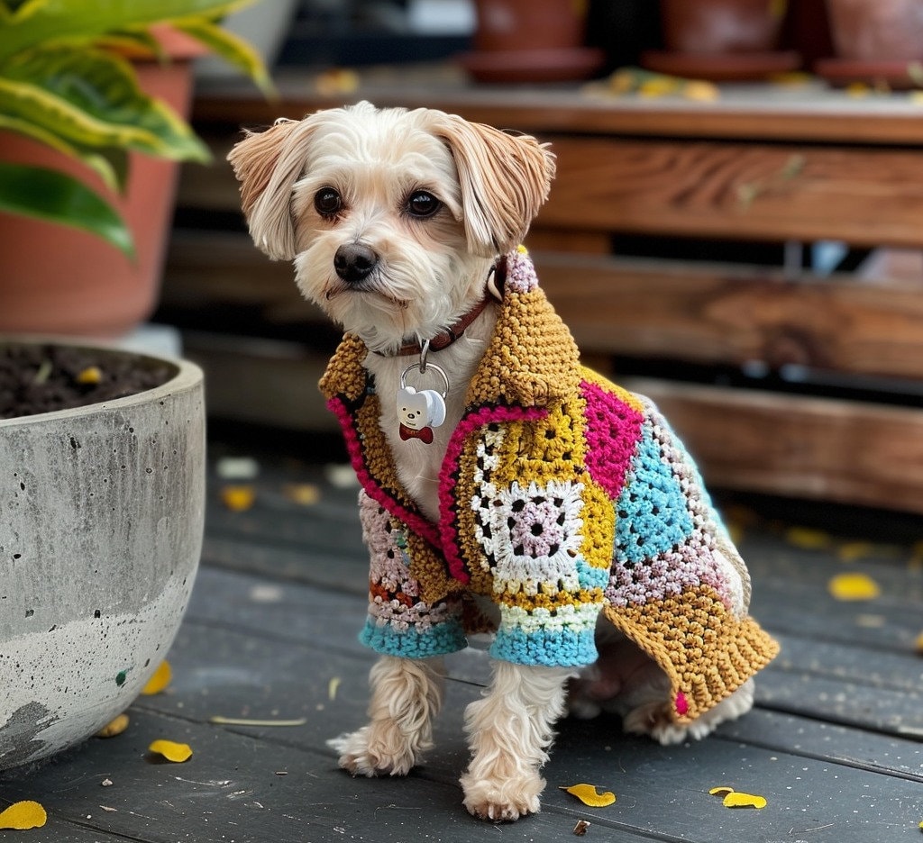 Handmade Crochet Granny Square Dog Sweater, Colorful Pet Cardigan