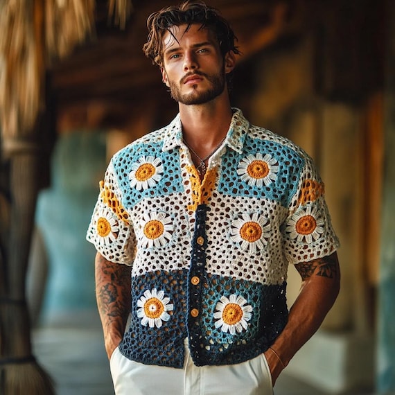 Handmade Crochet Granny Square Floral Shirt, Boho Patchwork