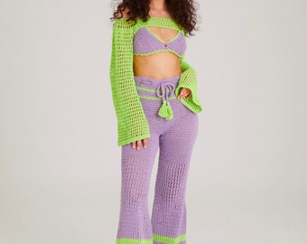 Crochet Trousers and Crop Top | Crochet Handmade Pants | Knitted Trousers and Top | Knitted Rave Leggings | Retro Pants | Harry Styles Trous