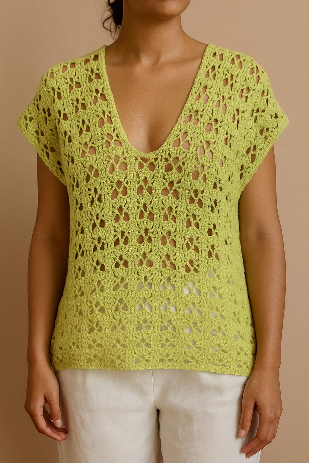 Handmade Green-Yellow Crochet Top – Lightweight Boho Summer Blouse – Earthy Toned Knitwear – Festival Crop Top – Mesh Tank for Women