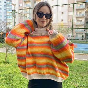 Crochet Striped Sweater, Colorful Sweater, Handmade Cardigan, Striped Mohair Sweater, Knitter Sweater, Gift For Her image 4