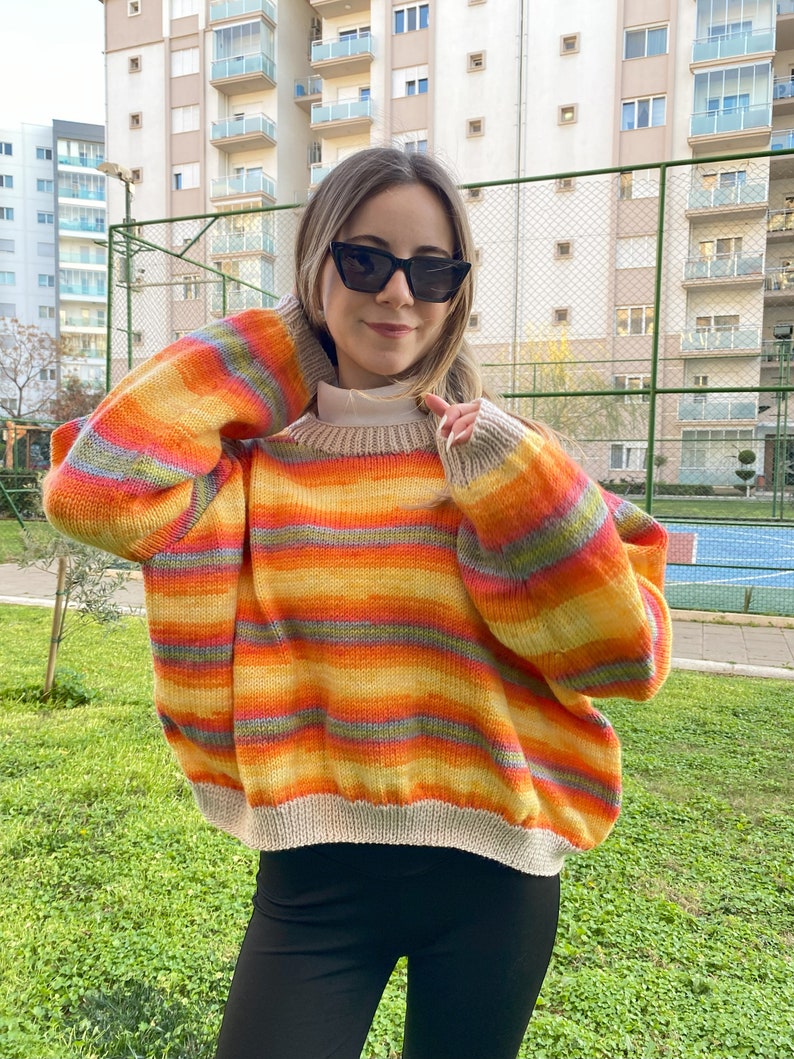 Crochet Striped Sweater, Colorful Sweater, Handmade Cardigan, Striped Mohair Sweater, Knitter Sweater, Gift For Her image 4