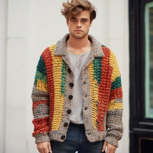 Granny Square Cardigan, Multicolor Handmade Cardigan, Men&#39;s Crochet Sweater, Boho Chunky Knit Jacket, Patchwork Cardigan