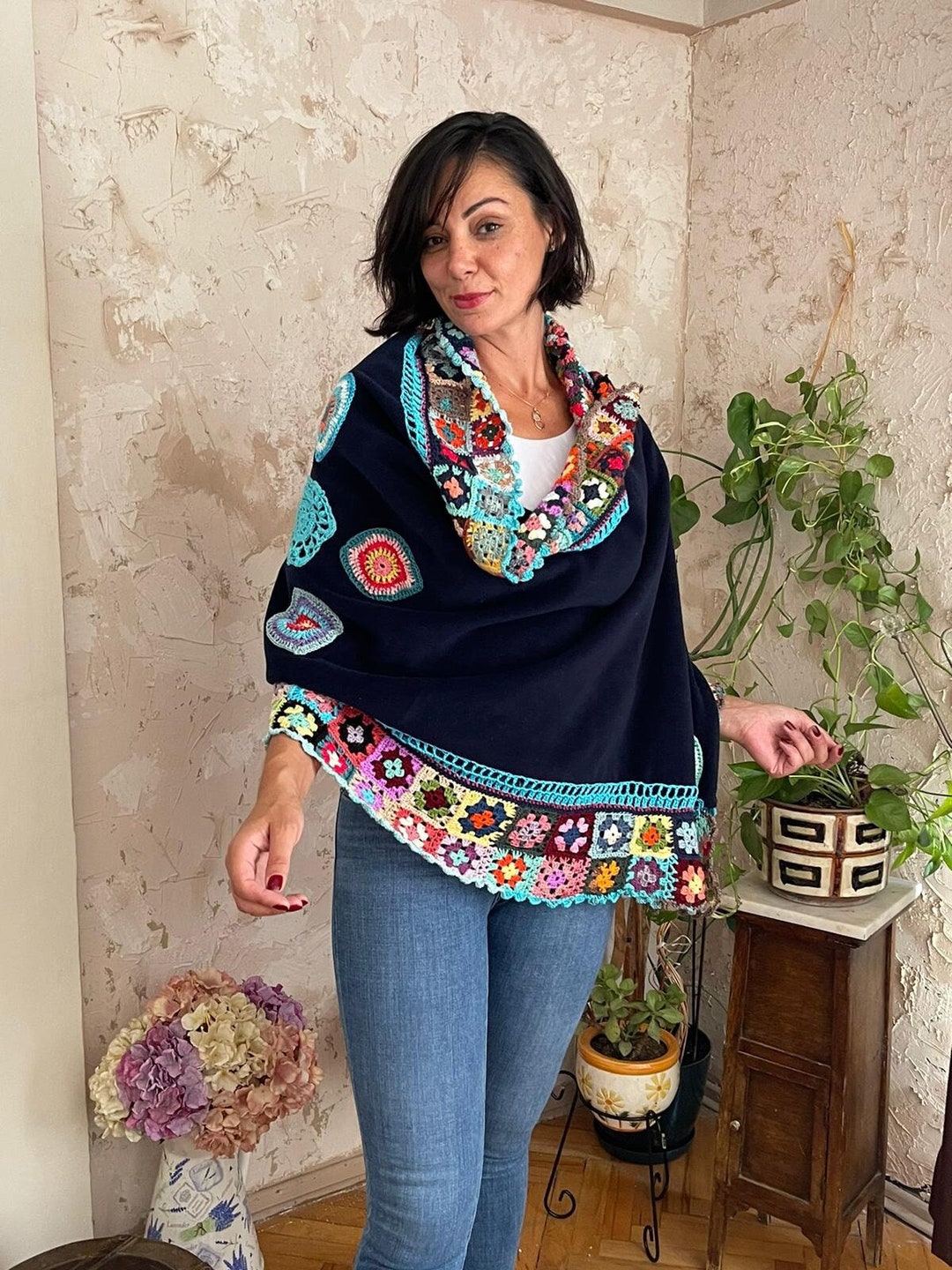 Chic Cape Shawl Fringe Crochet Poncho Boho Blue Shawl Festive Handknit Cardigan Crochet Shawl