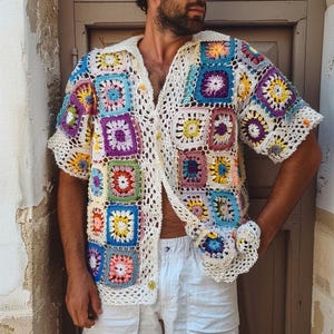 Handmade Granny Square Shirt, Crochet Multicolor Shirt, Men&#39;s Boho Style Shirt, Customizable Crochet Shirt