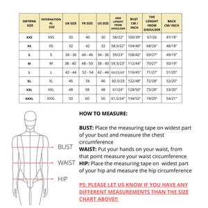Op de afbeelding: Een maattabel voor herenkleding, getiteld "SMYRNA MEN SIZE CHART". Het bevat internationale, UK, FR en US maten, samen met armlengte, borstomvang en rugmaten in centimeters en inches. Instructies voor het meten zijn ook opgenomen.