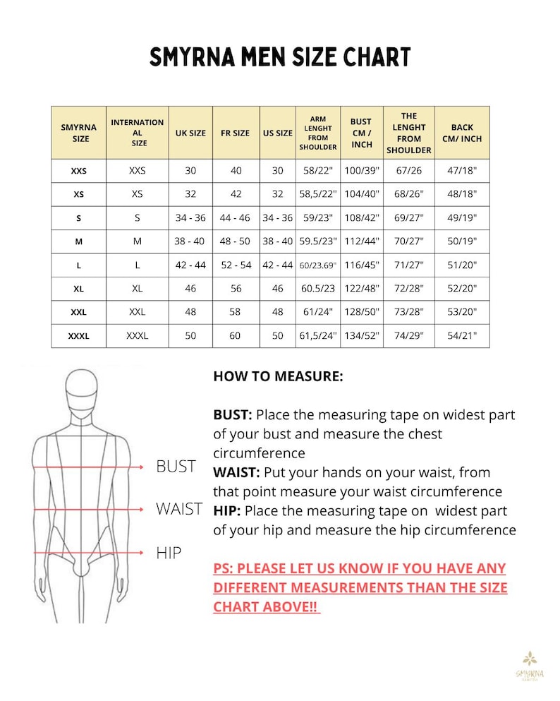 Op de afbeelding: Een maattabel voor herenkleding, getiteld "SMYRNA MEN SIZE CHART". Het bevat internationale, UK, FR en US maten, samen met armlengte, borstomvang en rugmaten in centimeters en inches. Instructies voor het meten zijn ook opgenomen.