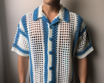 Bott 　Cotton Crochet Knit Shirts Knit Men Shirt, Crochet Shirt, Stockholm Style Shirt