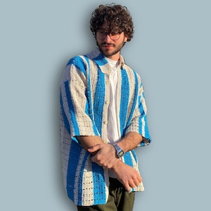 Crochet Men Shirt, Striped Shirt, Handmade Shirt, Knitted Men's Shirt, Crochet Shirt, Crochet Men's Shirt, Striped White and Blue Shirt image 2