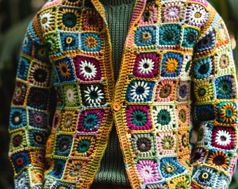 Cardigan bohème au crochet, veste multicolore faite main, manteau carré grand-mère au crochet, vêtement d'extérieur unisexe de style vintage, cadeau artisanal