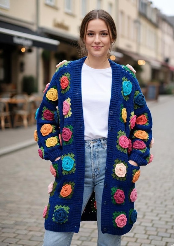 Buy Handmade Crochet 3D Rose Cardigan: Long Cotton Knit Online in