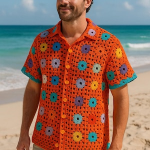 Crochet Shirt, Handmade Crochet Shirt, Granny Square Shirt, Multi-Color Crochet Shirt, Casual Bohemian Men&#39;s Wear, Unique Gift for Him