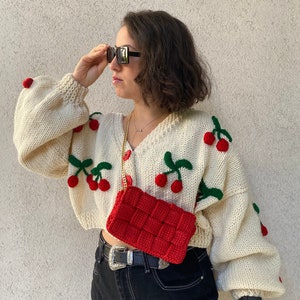 3D Cherry Cardigan Crochet Crop Cardigan White Cherry Sweater Boho Cardigan Gift For Her Cozy Crop Cardigan Knitted Cardigan image 4