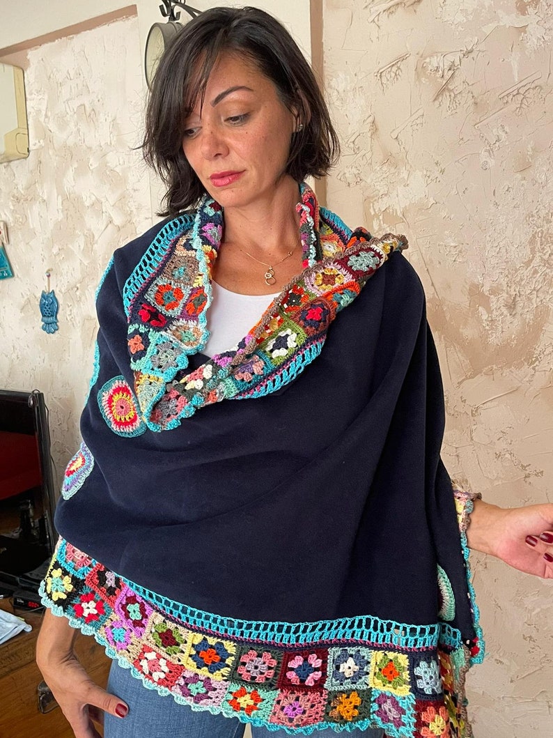 Chic Cape Shawl Fringe Crochet Poncho Boho Blue Shawl Etsy