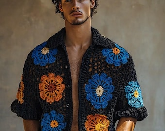 Camisa floral de crochê feita à mão, patchwork de tricô boho.