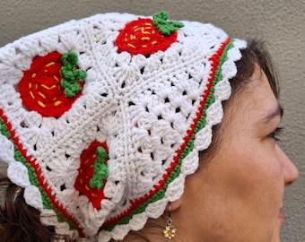 Handgemaakte gehaakte aardbeienhoofddoek – retro katoenen haardoek