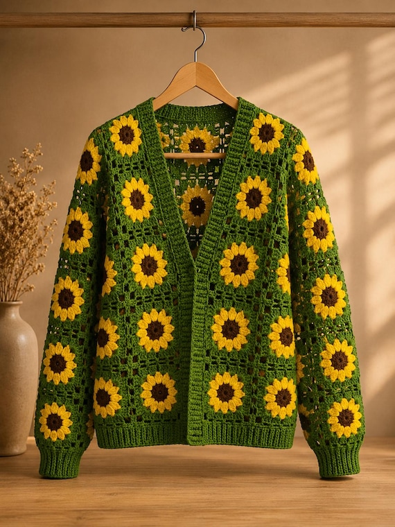 Crochet Sunflower Granny Square Cardigan: Green Boho Sweater - Etsy