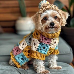 Handmade Dog Sweater and Pom-Pom Hat Set, Colorful Pet Outfit, Crochet Knit Wear for Small Dogs, Cute Animal Clothing