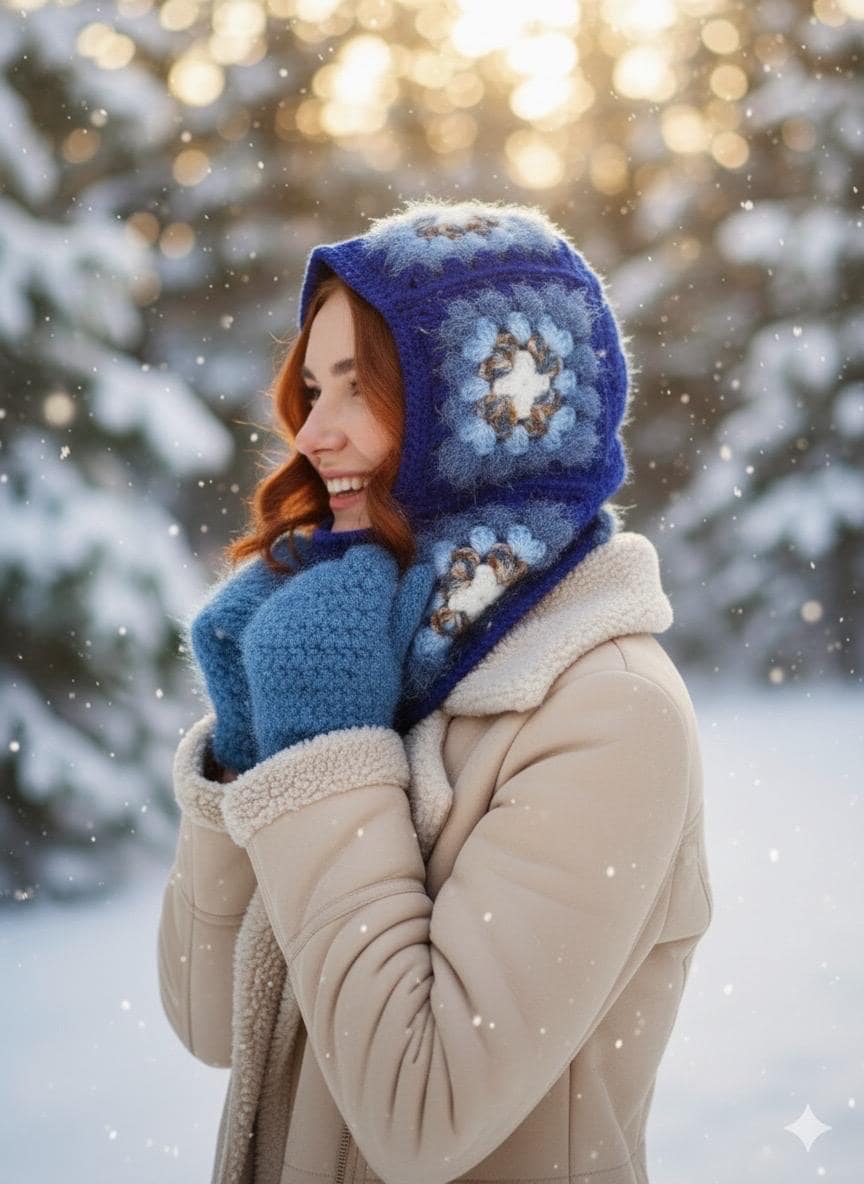 Handmade Blue Mohair Knit Balaclava, Crochet Beanie, Winter