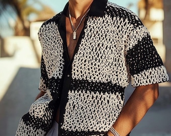 Handmade Crochet Shirt, Black and White Striped, Boho Style