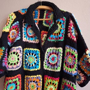 Handmade Crochet Granny Square Shirt – Colorful Boho Patchwork Top with Black Base – Unisex Festival Wear-Crochet Shirt