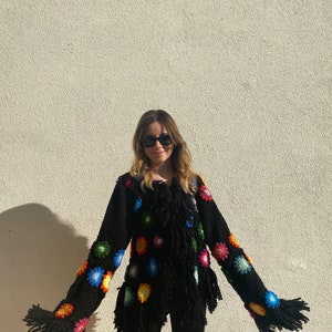 Black Granny Square Cardigan Tasseled Patchwork Cardigan Colorful Knitted Cardigan Bright Holiday Cardigans Oversized Cardigans image 2