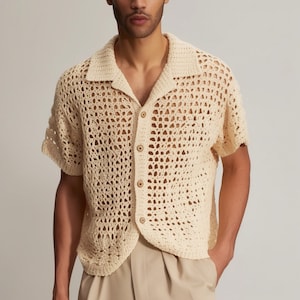 Crochet Shirt, Knitted Shirt, Handknit Cotton Shirt, Crochet Men Shirt, Short Sleeve Men Shirt, Collared Men Shirt, Crochet Male Shirt