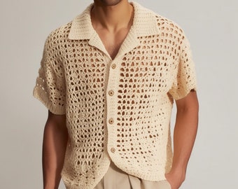 Crochet Shirt, Knitted Shirt, Handknit Cotton Shirt, Crochet Men Shirt, Short Sleeve Men Shirt, Collared Men Shirt, Crochet Male Shirt