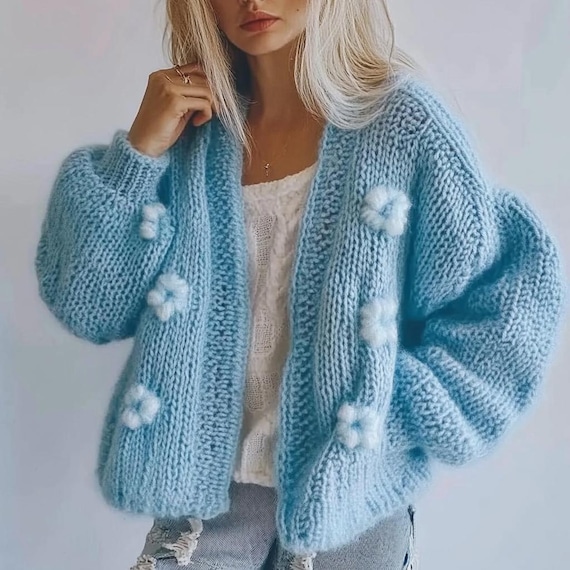 Blaue Mohair Strickjacke, Floral Patchwork Strickjacke, Mohair