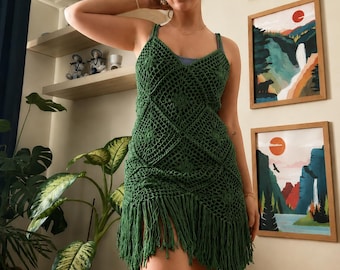 Handmade Crochet Mini Dress: Cotton Tasseled Yellow Party Dress