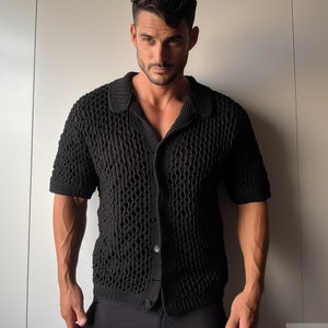 Handmade Shirt, Crochet Shirt, Shirts for Men, Bode Shirt, Black Unisex Shirt, Beach Summer Shirt, Crochet Men Clothes, Vintage Style Shirt