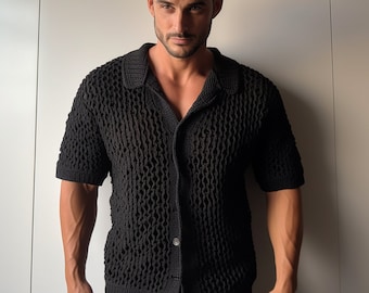 Handmade Crochet Shirt: Black Unisex Summer Beachwear