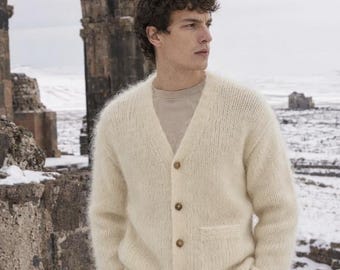 Cream Knit Cardigan for Men, Cozy Men’s Mohair Style Cardigan