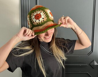 Crochet Bucket Hat Granny Square Pattern Black Yellow Off  display picture 1