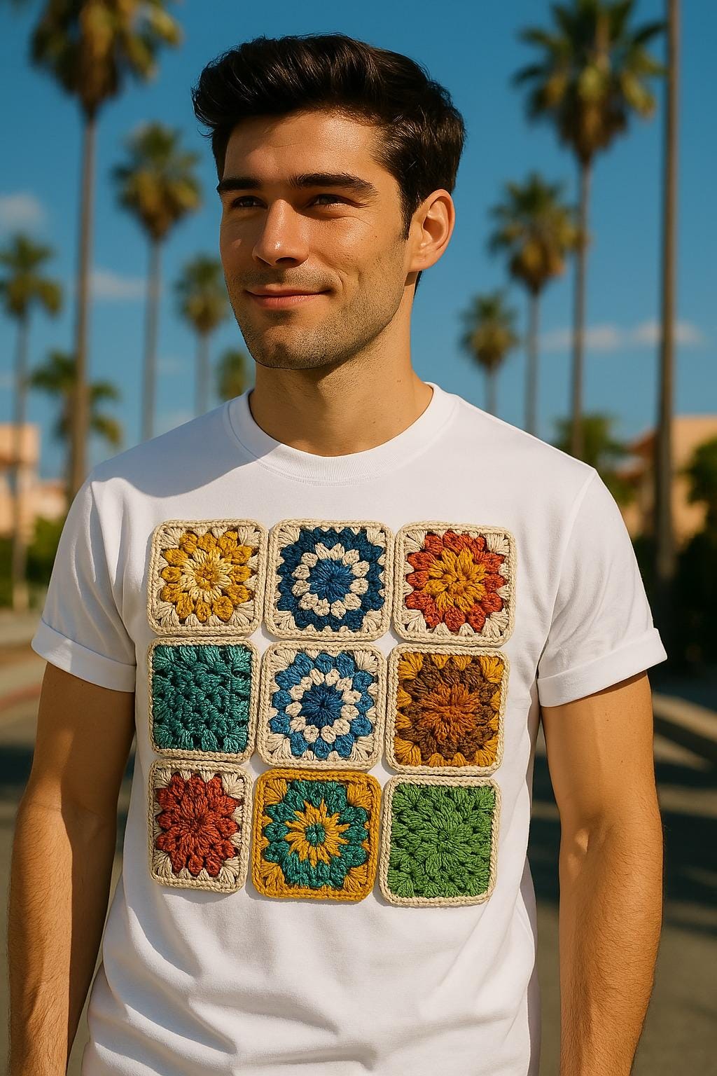 Patchwork T-shirt, T-Shirt With Patches, Granny Square T-shirt, Unisex Colorful T-shirt