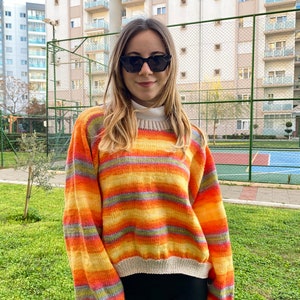 Crochet Striped Sweater, Colorful Sweater, Handmade Cardigan, Striped Mohair Sweater, Knitter Sweater, Gift For Her image 1