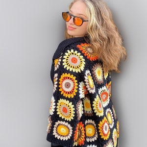 Granny Square Cardigan, Crochet Cardigan, Crochet Sunflower Cardigan, Granny Square Long Cardigan, Sunflower Pattern Cardigan image 1