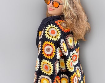 Granny Square Cardigan, Crochet Cardigan, Crochet Sunflower Cardigan, Granny Square Long Cardigan, Sunflower Pattern Cardigan