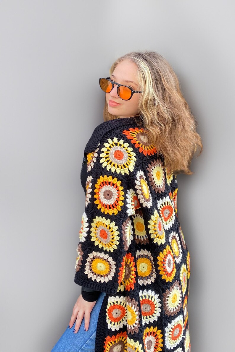 Granny Square Cardigan, Crochet Cardigan, Crochet Sunflower Cardigan, Granny Square Long Cardigan, Sunflower Pattern Cardigan image 1
