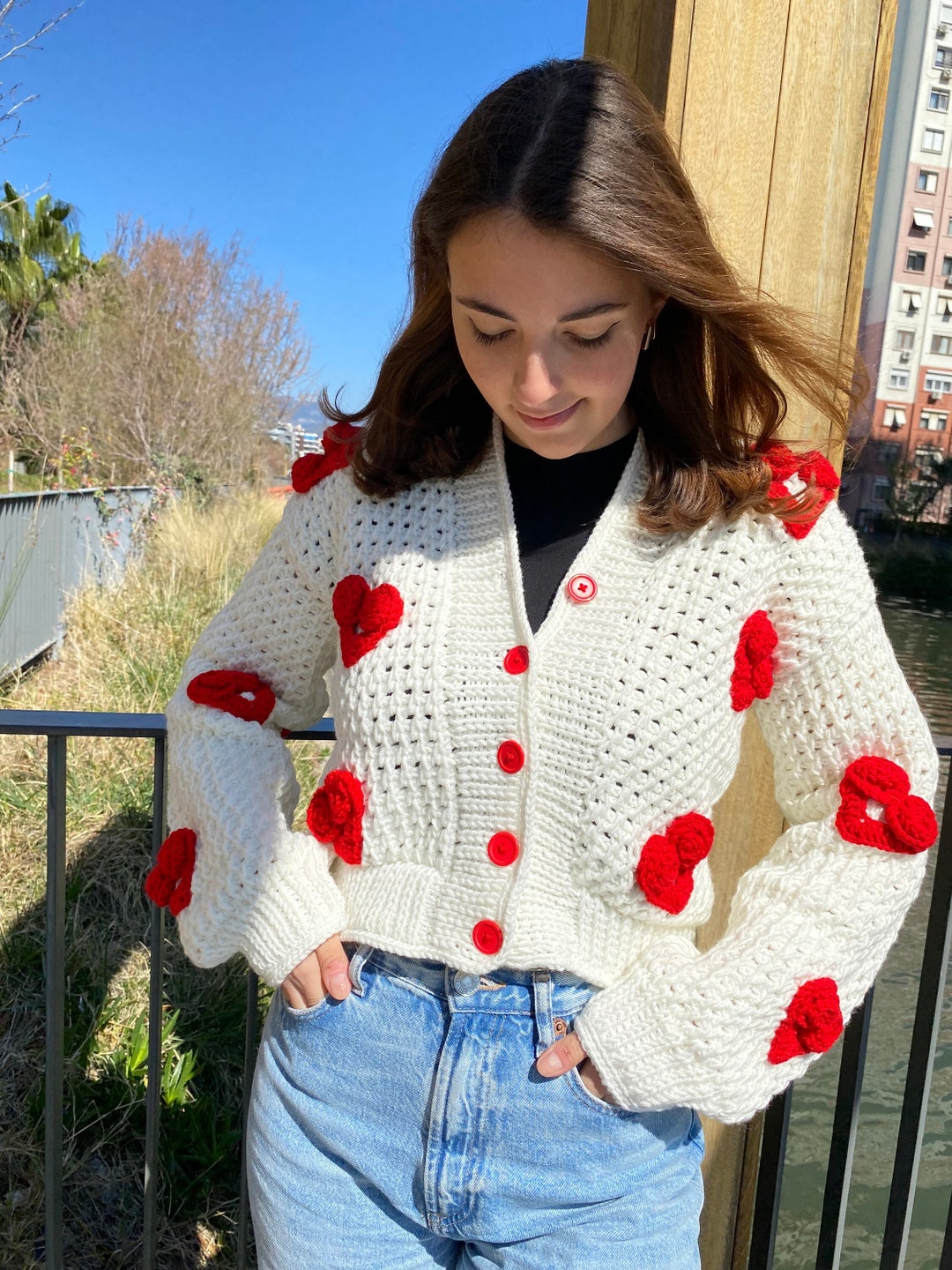 Buy Handknit Crochet Cardigan: White Cotton With 3D Red Hearts Online in  India